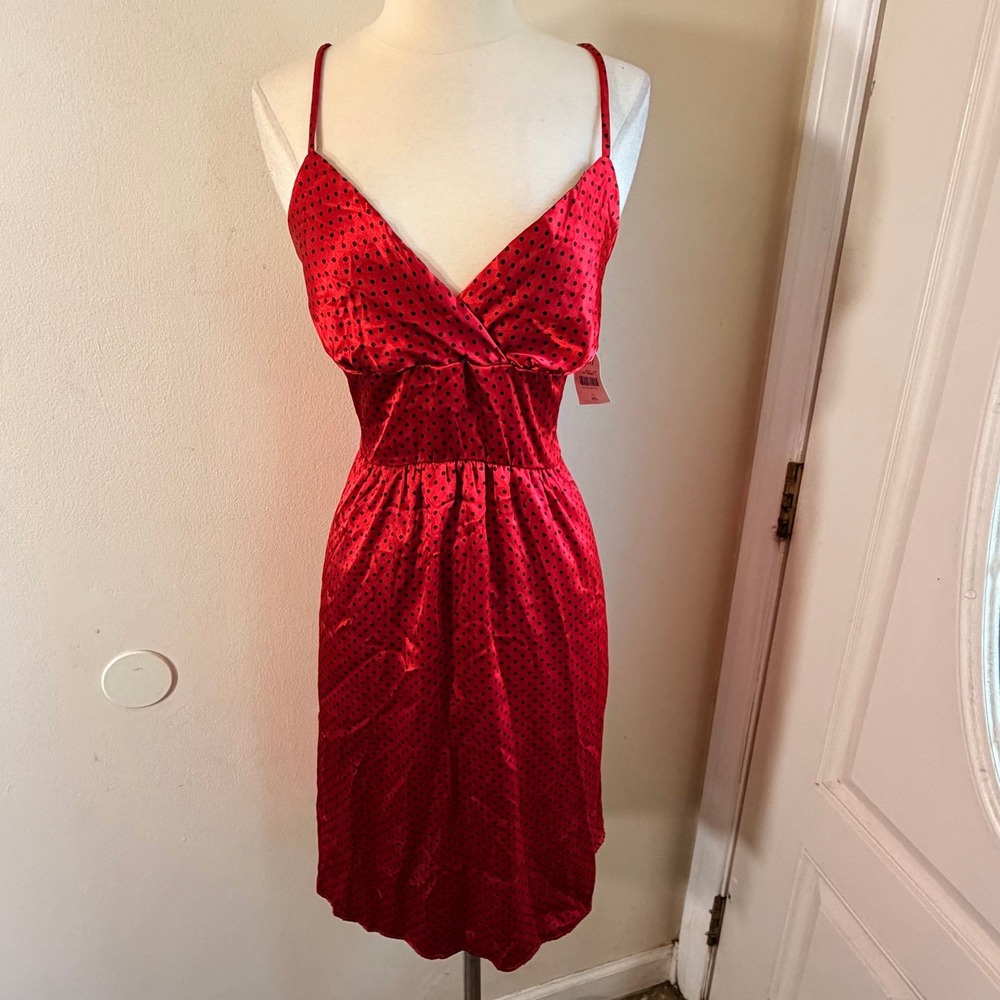 Lola Red Polka Dot Satin V-Neck Spaghetti Strap Cocktail Dress XL NEW